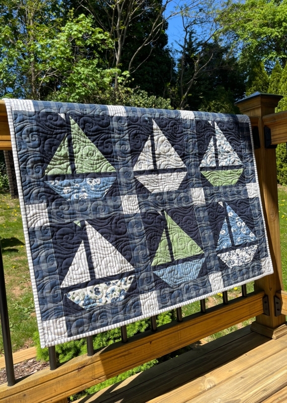 Baby Quilt Sailboat Motif Swirl Stitching Navy Plaid Border Sage