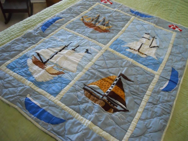 Baby Quilt Ship Appliques Diamond Stitching Sky Blue Maritime Decor