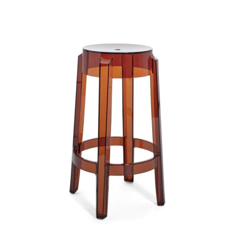 Backless Bar Stool in Glossy Translucent Amber Polymer Material
