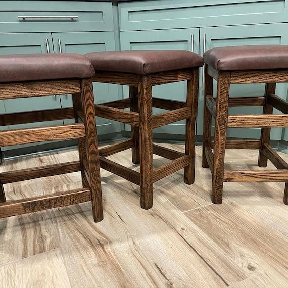 Backless Bar Stool Oak Wood Modern Rustic Farmhouse Leather