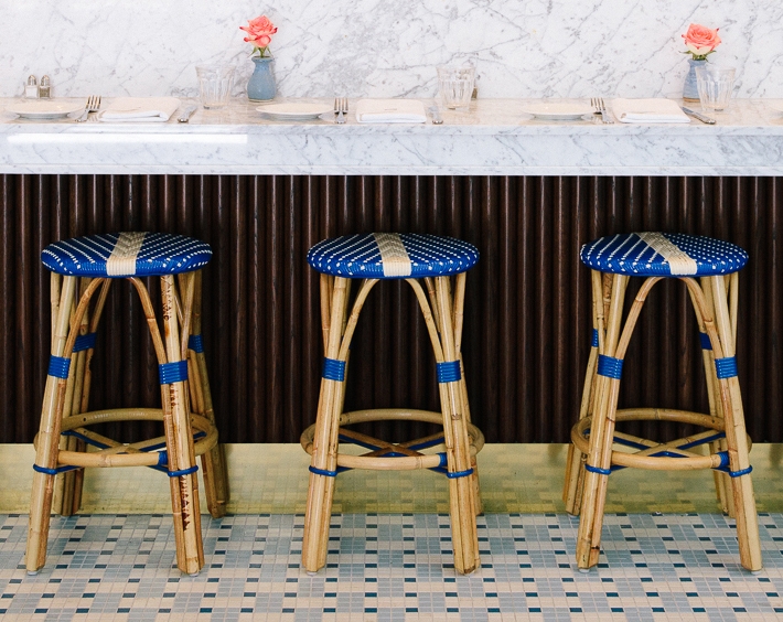 Backless Bar Stool with Vibrant Cobalt Woven Seat Pattern