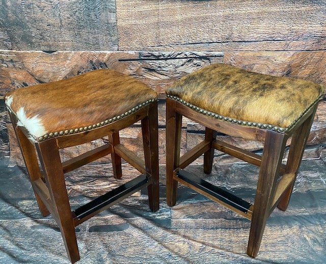 Backless Barstool Saddle Seat Brindle Cowhide Rustic Ranch Nailhead