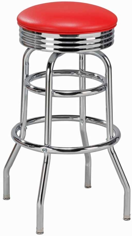 Backless Diner Bar Stool Cherry Red Double Ring Chrome