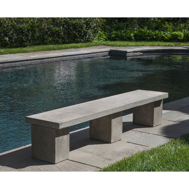 Backless Outdoor Bench in Cast Stone with Three Block Legs