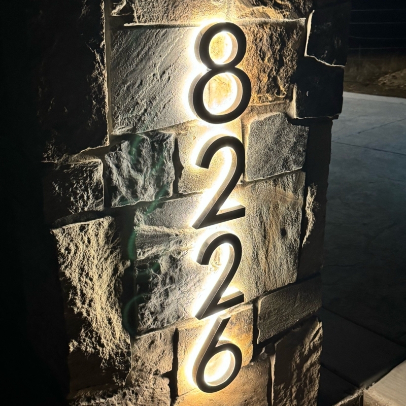 Backlit House Numbers Vertical Floating Mount Warm Gold Illumination