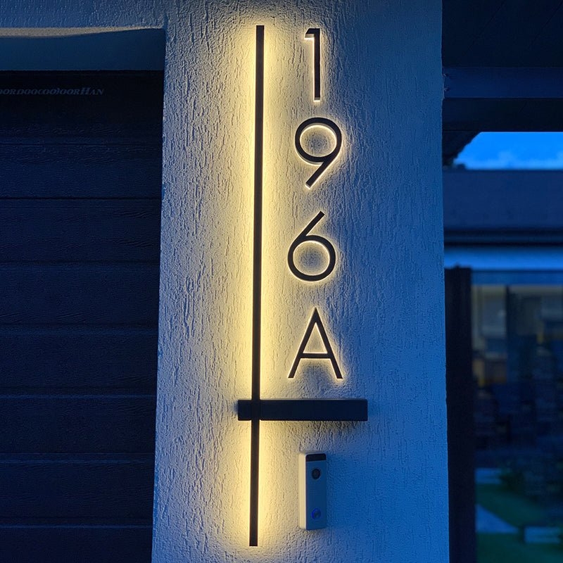 Backlit Vertical House Numbers, Halo Glow with Linear Accents