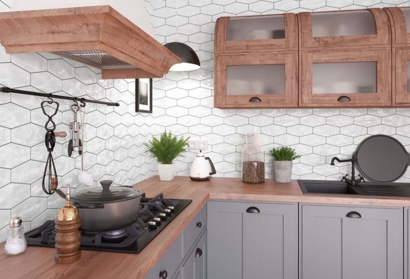 Backsplash Tile Glossy White Elongated Hexagon Picket Shape