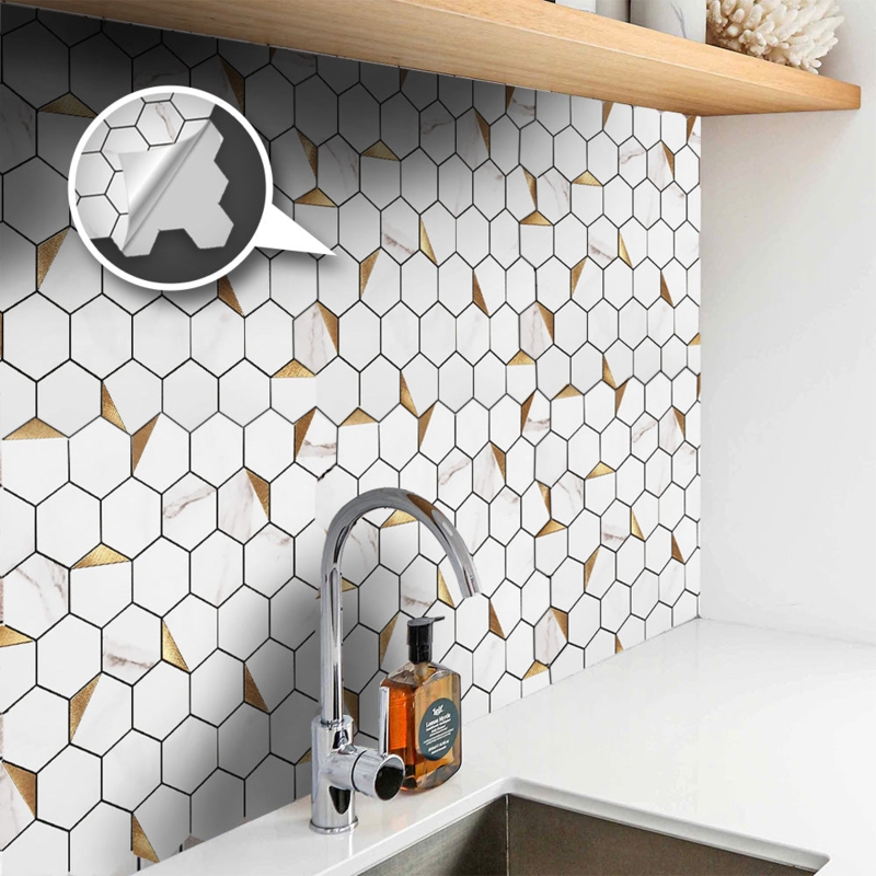 Backsplash Tile Grey Marble Hexagon with Gold Triangular Accents