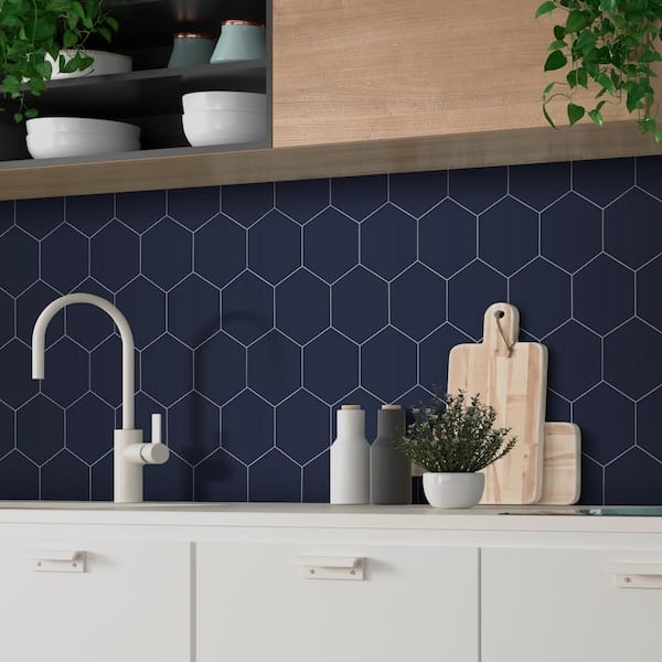 Backsplash Tile Large Navy Hexagon Pattern with High Contrast Grout