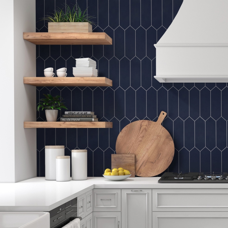 Backsplash Tile Navy Blue Picket Shape, Vertical Orientation Layout