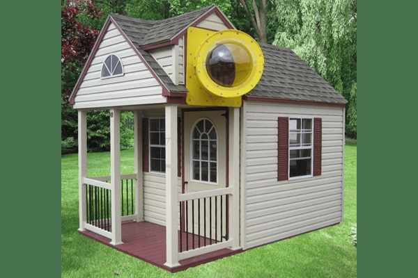 Backyard Playhouse Amish Built Beige Bubble Dome Window Burgundy Deck