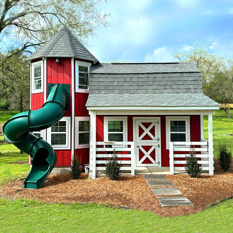 Backyard Playhouse Farmhouse Barn Red Spiral Tube Slide Tower