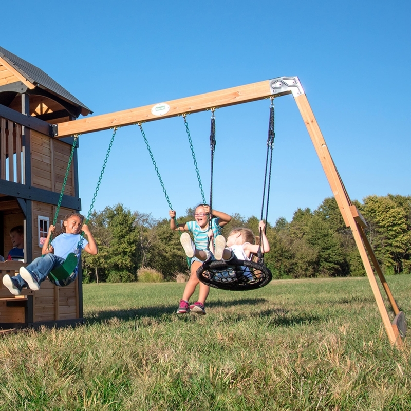 Backyard Swing Set with Playhouse Tower and Saucer Web Swing
