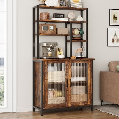 Bakers Rack Fluted Glass Doors Vintage Brown Coffee Station Hutch