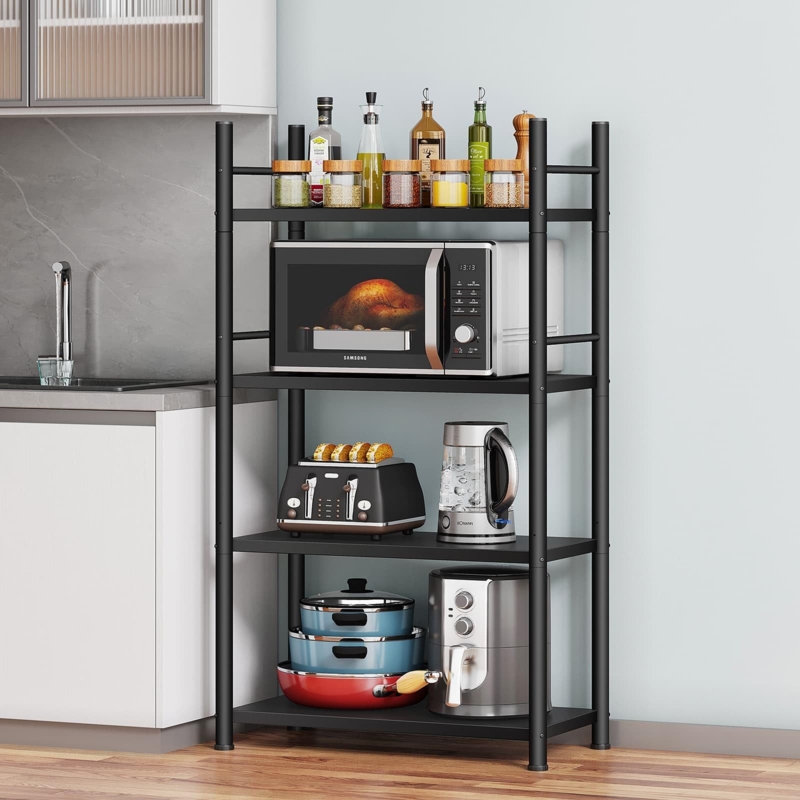 Bakers Rack Guardrail Top Adjustable Feet Four Tier Appliance Shelf