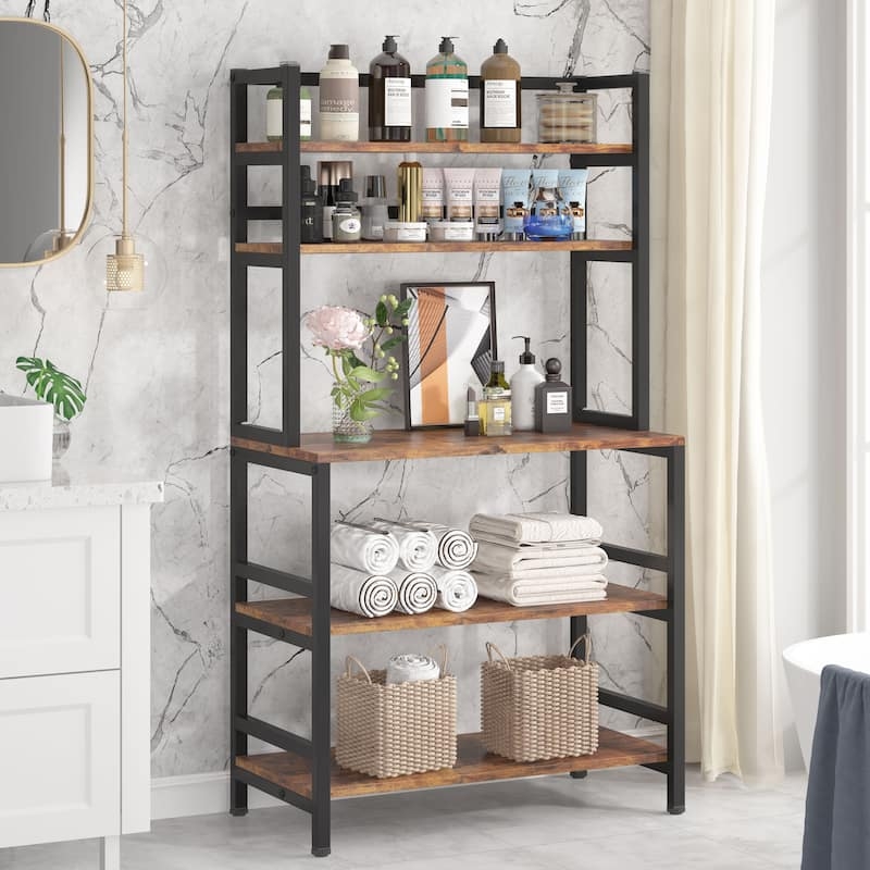 Bakers Rack Hutch Style Top Woven Baskets Bathroom Storage Walnut Brown