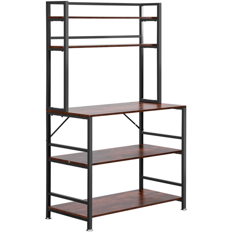 Bakers Rack Hutch Upper Side Guard Rails Rustic Wood Metal Shelf