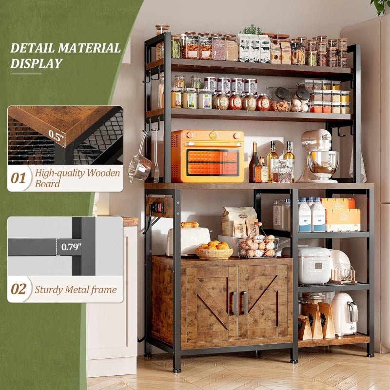 Bakers Rack Integrated Outlet Barn Door Cabinet Mesh Panels Storage