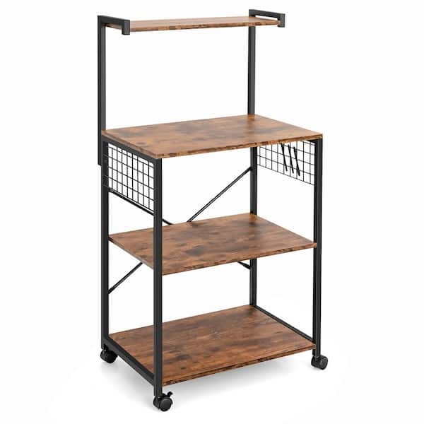Bakers Rack Rolling Casters Wire Mesh Sides Utility Cart Hooks Rustic