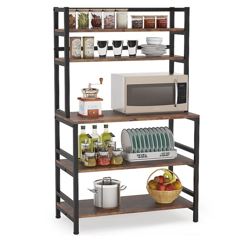 Bakers Rack Rustic Brown Five Tier Varying Depths Microwave Stand