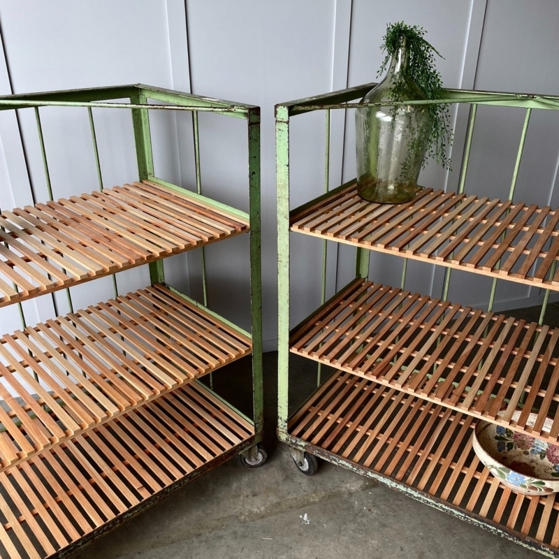 Bakers Rack Sage Green Metal Slatted Wood Shelves Vintage Storage
