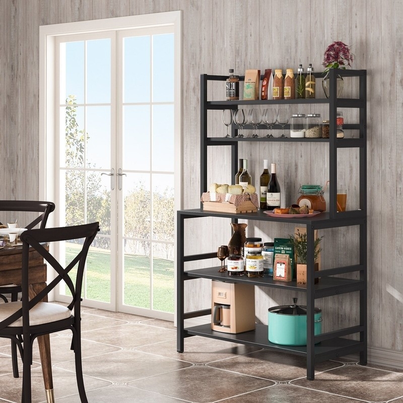 Bakers Rack Slim Profile Open Back Design Modern Coffee Bar Station