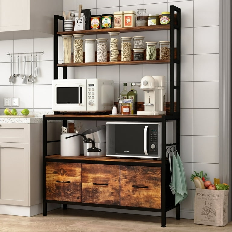 Bakers Rack Three Drawers Side Hooks Microwave Stand Storage Walnut Brown
