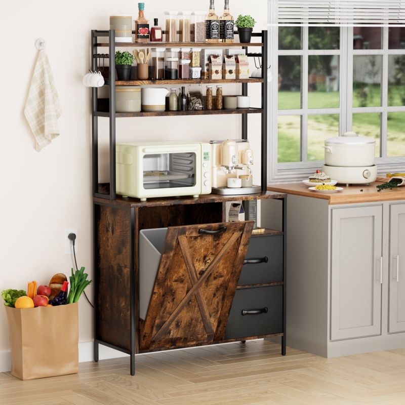 Bakers Rack Tilt Out Trash Bin Power Outlet X Brace Detail Rustic Brown