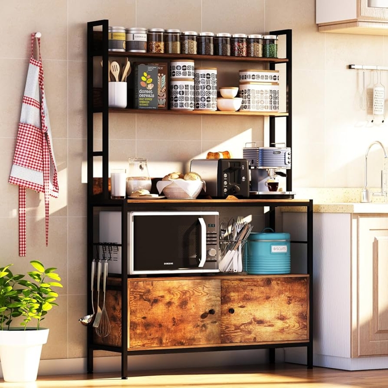 Bakers Rack Two Door Storage Side Hooks Rustic Microwave Cabinet