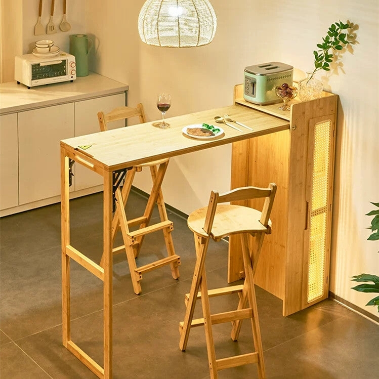 Bamboo Folding Bar Table Rattan Side Panel Built In Lighting Japandi