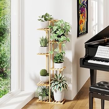 Bamboo Plant Stand Six-Tier Design Staggered Heights Tiered Rack