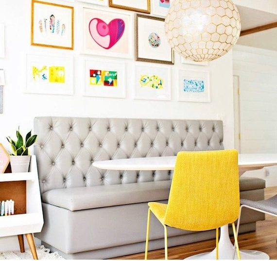 Banquette Bench Tufted Gray Diamond Pattern Boxy Storage Base Modern