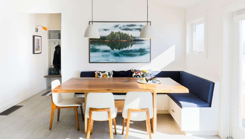 Banquette Seating Navy Blue Built-In Storage Wood Dining Table
