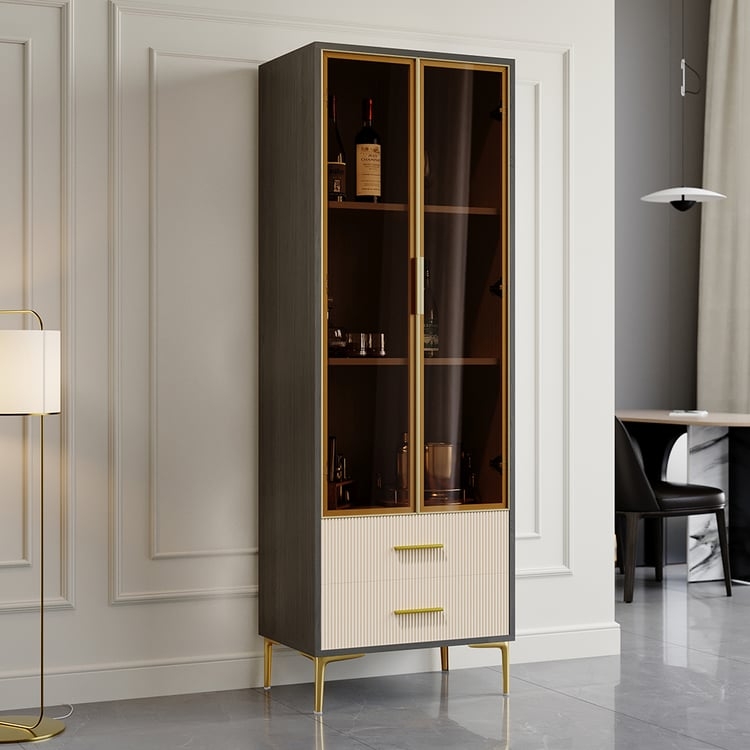 Bar Cabinet Charcoal Grey Fluted Drawers Gold Framed Glass Modern