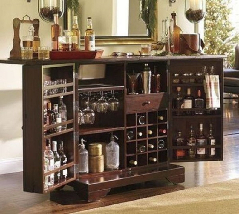 Bar Cabinet Dark Walnut Fold Out Doors Utility Drawer Vintage Dry Bar