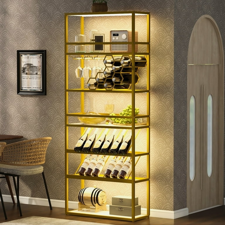 Bar Cabinet Gold Honeycomb Rack Slanted Bottle Display Glam Style