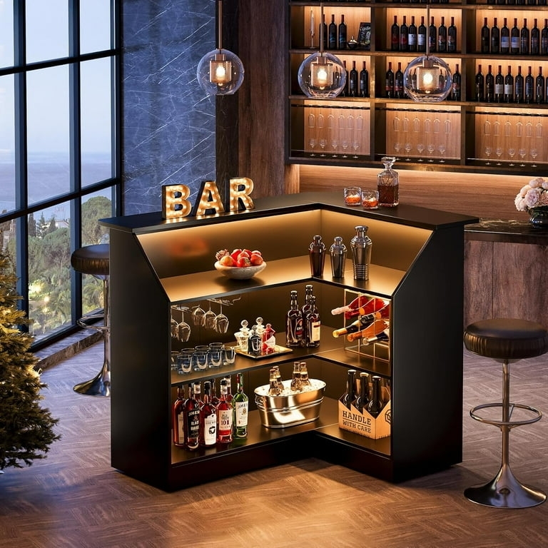 Bar Cabinet L-Shaped Matte Black with Integrated Lighting