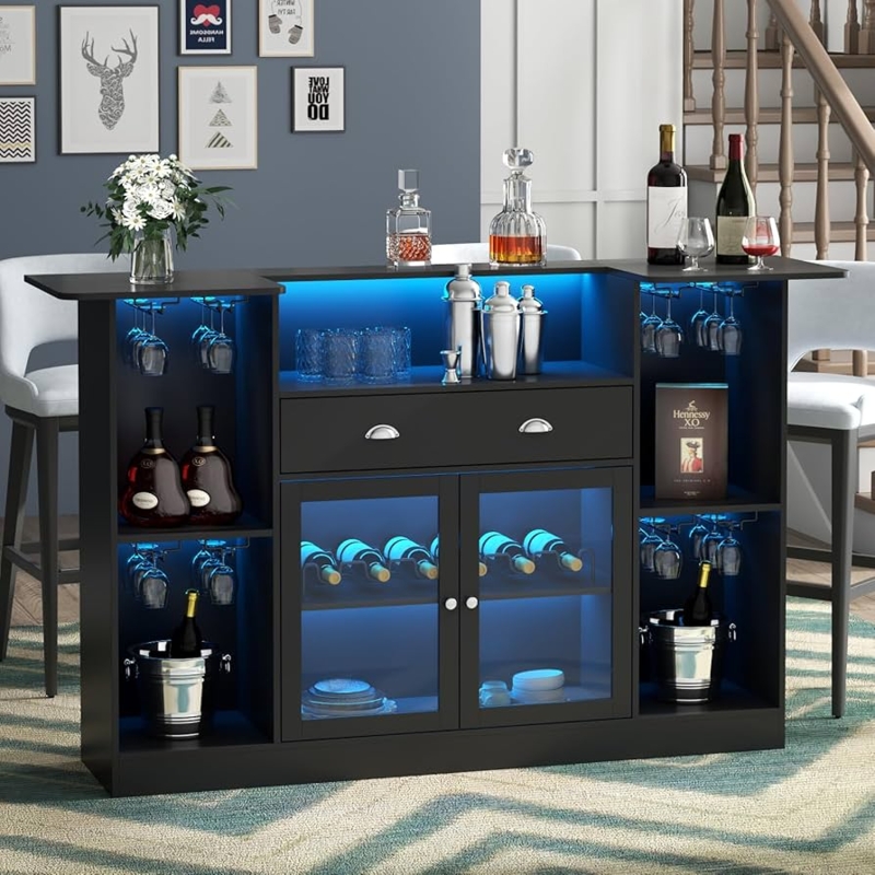 Bar Cabinet Matte Black Ice Blue LED Crescent Top Glass Doors
