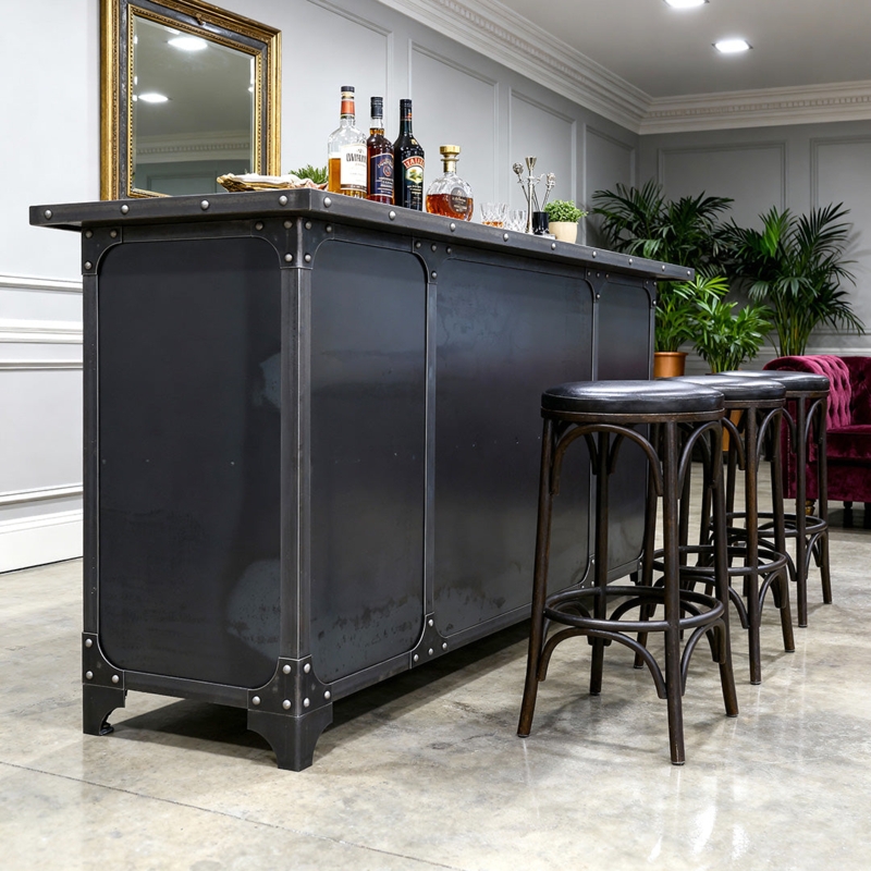 Bar Cabinet Matte Charcoal with Riveted Metal Frame & Bentwood Stools