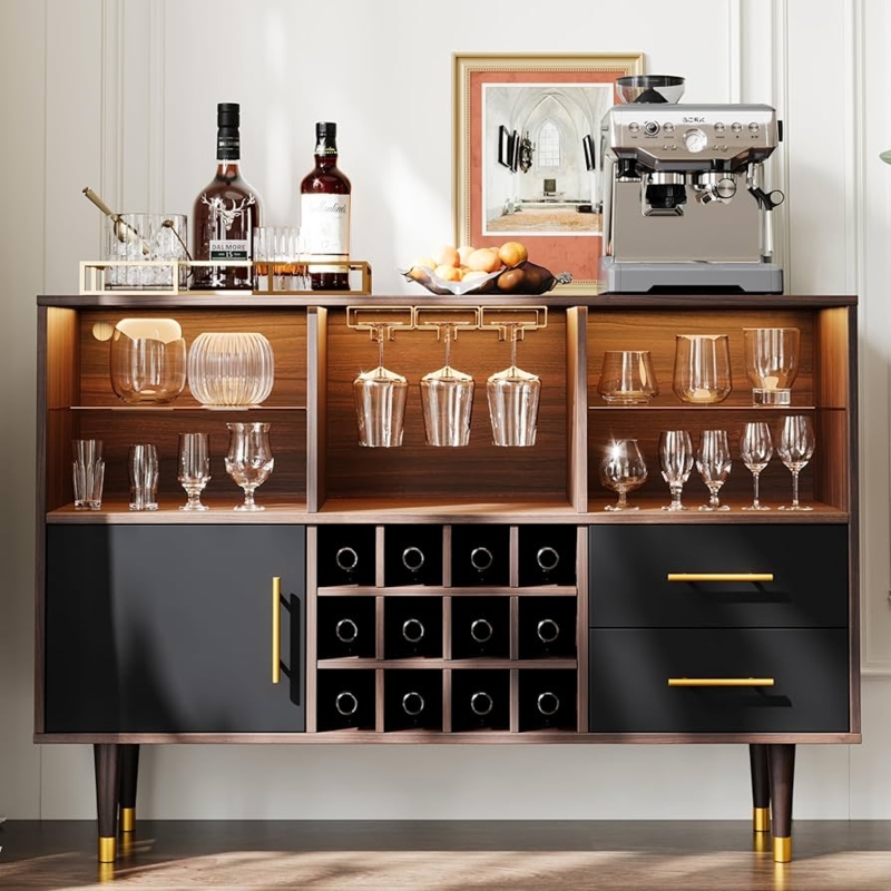 Bar Cabinet Walnut with Wine Bottle Grid & LED Lighting