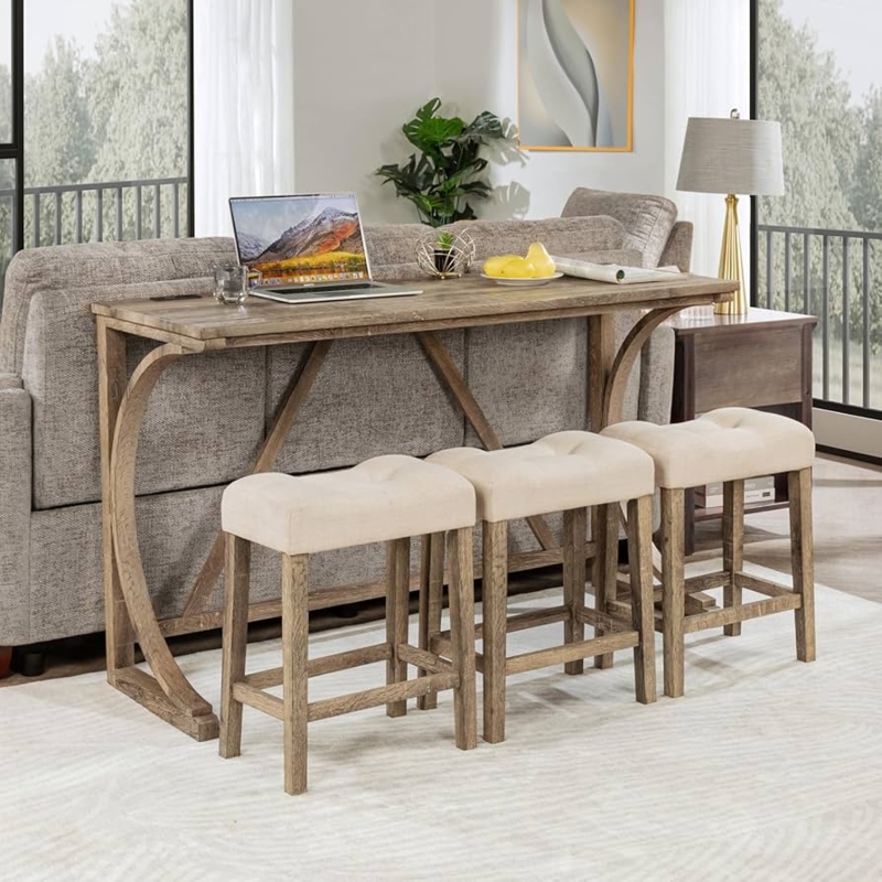 Bar Dining Set Curved Trestle Legs Integrated Power Outlet Tufted