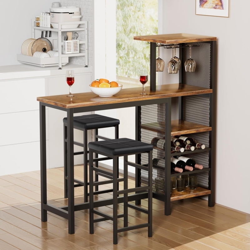 Bar Dining Set with Metal Mesh Panels and Industrial Wine Rack Storage