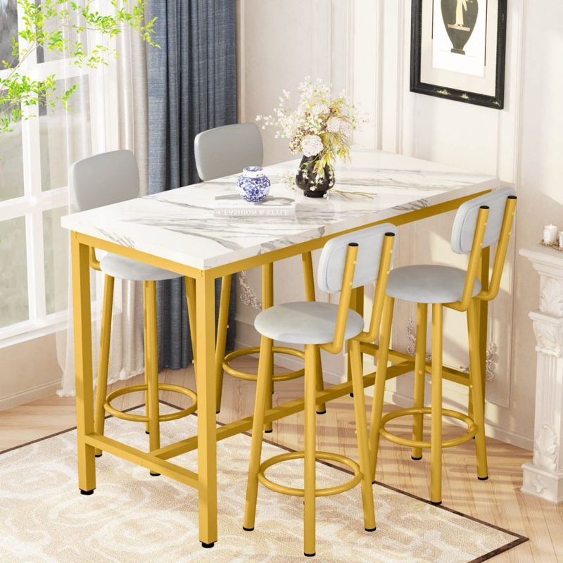Bar Height Dining Set Glam Gold Metal Frame Marble Effect Top
