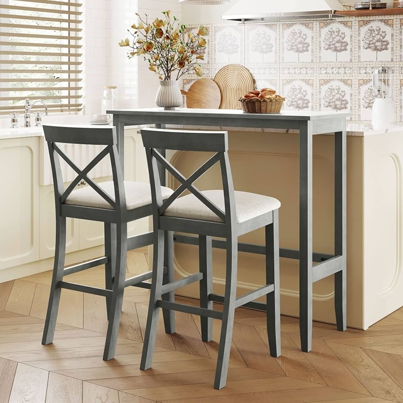 Bar Height Dining Set Gray Wood X-Back Narrow Console Table
