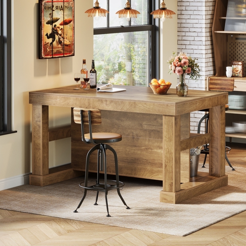 Bar Height Table Integrated Storage Shelves Heavy Block Legs Rustic