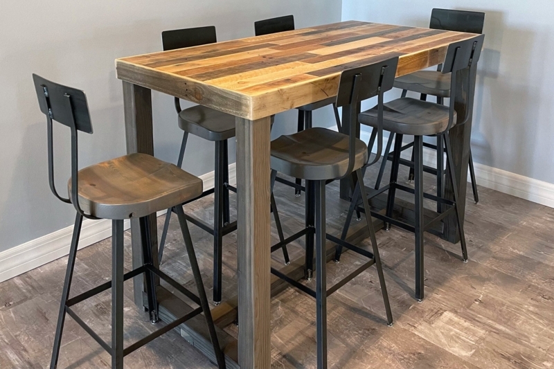 Bar Height Table Multi-Tonal Wood Reclaimed Aesthetic Block Legs