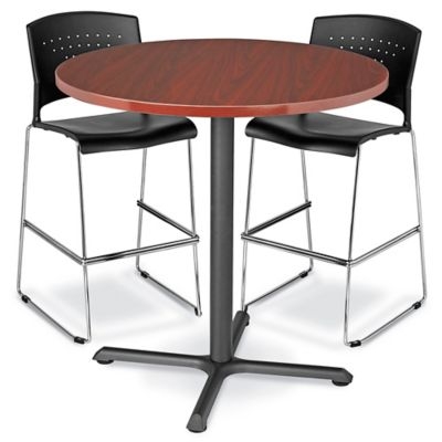 Bar Height Table Set Perforated Back Stools Chrome Sled Legs Office