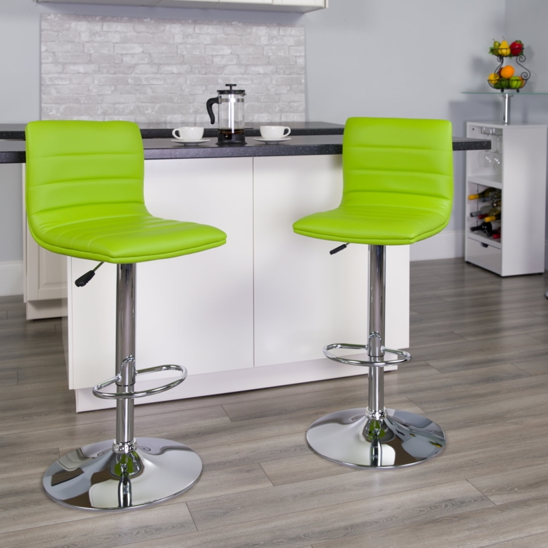 Bar Stool: Adjustable chrome pedestal with channel stitched vinyl.