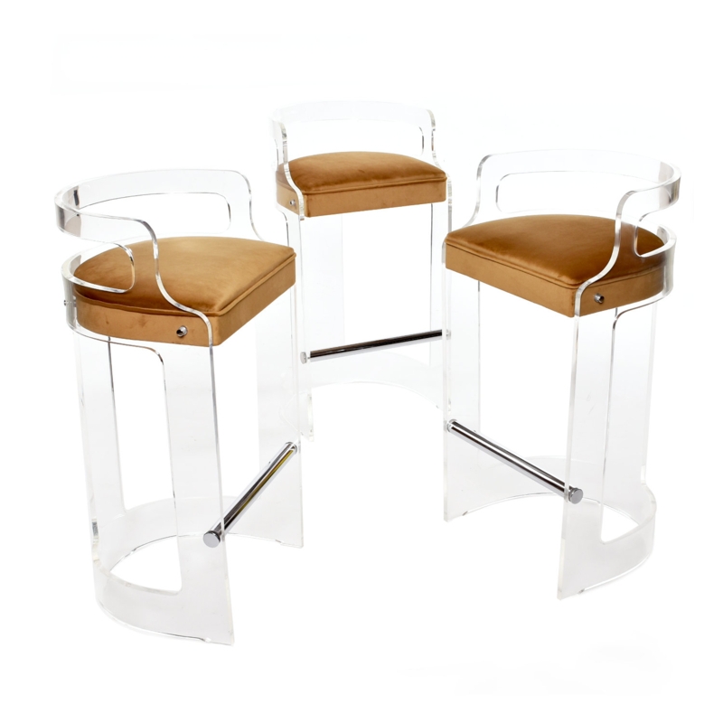 Bar Stool Amber Velvet Upholstery Curved Silhouette Clear Acrylic