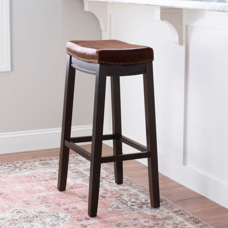 Bar Stool Autumn Cherry Finish Saddle Seat Nailhead Trim Backless